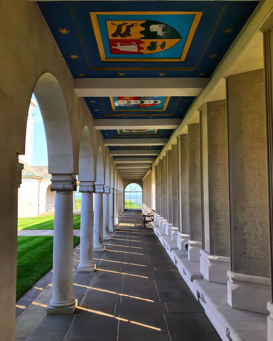Runnymede Cloisters, with painted squadron crests and engraved RAF memorial panels
